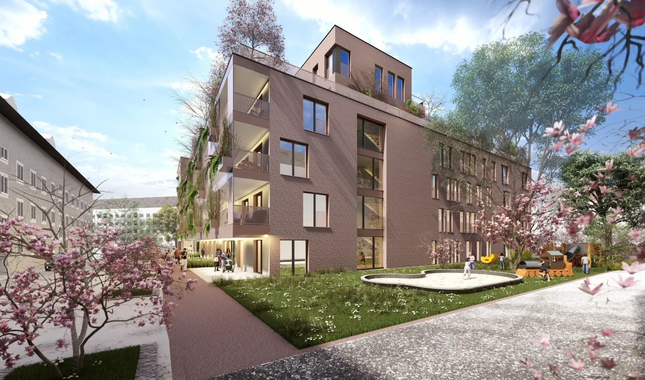 Rückansicht eines modernen Wohngebäudes mit Garten und Spielplatz.