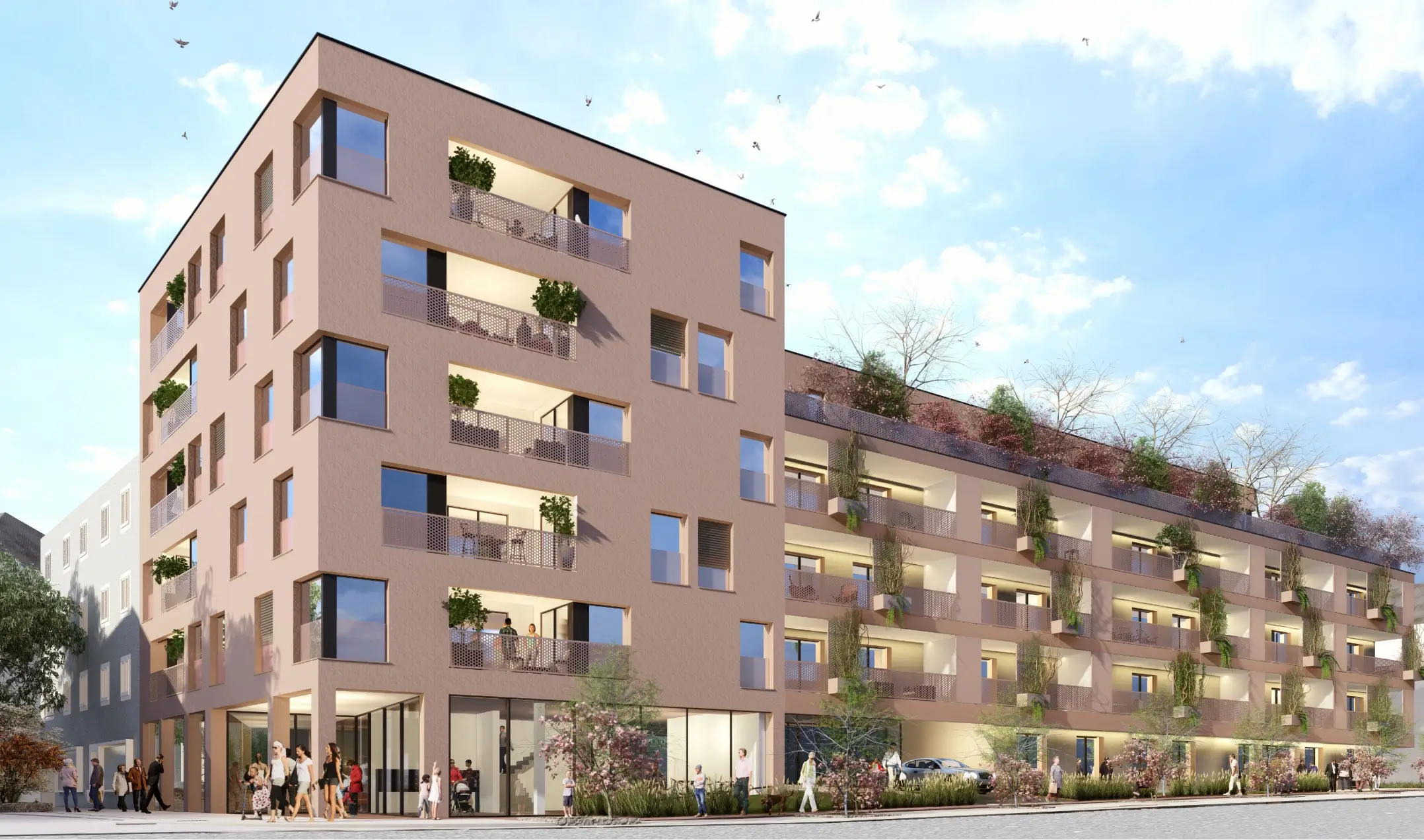 Längsansicht eines modernen Wohnkomplexes mit Balkonen und begrünter Fassade.